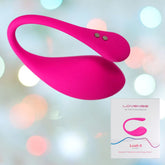 A pink, wearable sex toy with a U-shaped design floats against a background of colorful bokeh lights. Below, there is a box with the product name "Lovense Lush 3 Egg Vibrator" from the brand Lovense and the description "Bluetooth Remote Controlled Egg Vibrator.